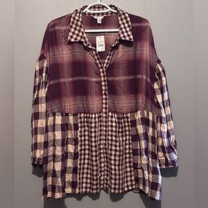 NWT Plaid Cato Baby Doll Drop Sleeve Blouse